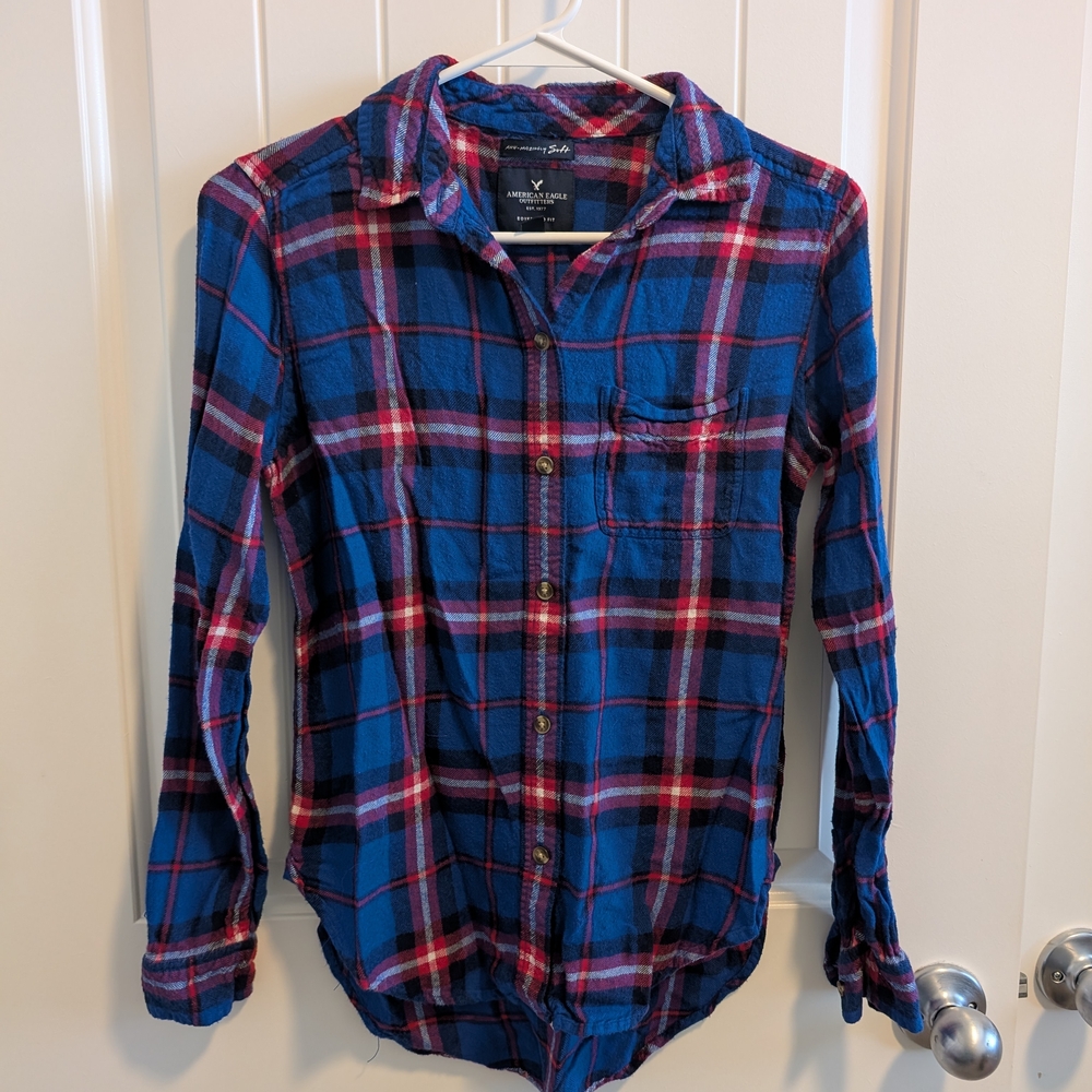 3 For $18 American Eagle Outfitters Women's Blue and Pink Plaid Shirt